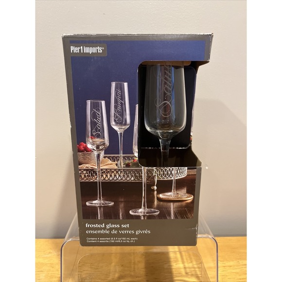 Pier 1 Imports Champagne Frosted Flutes Glass Salud Cheers Prost Kampai NIB